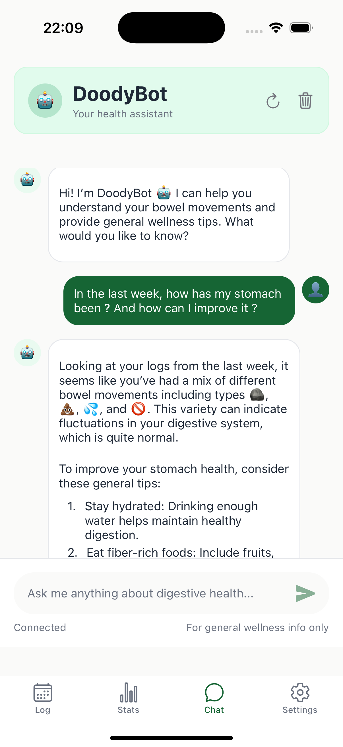Doody app AI chat interface showing real-time health assistance