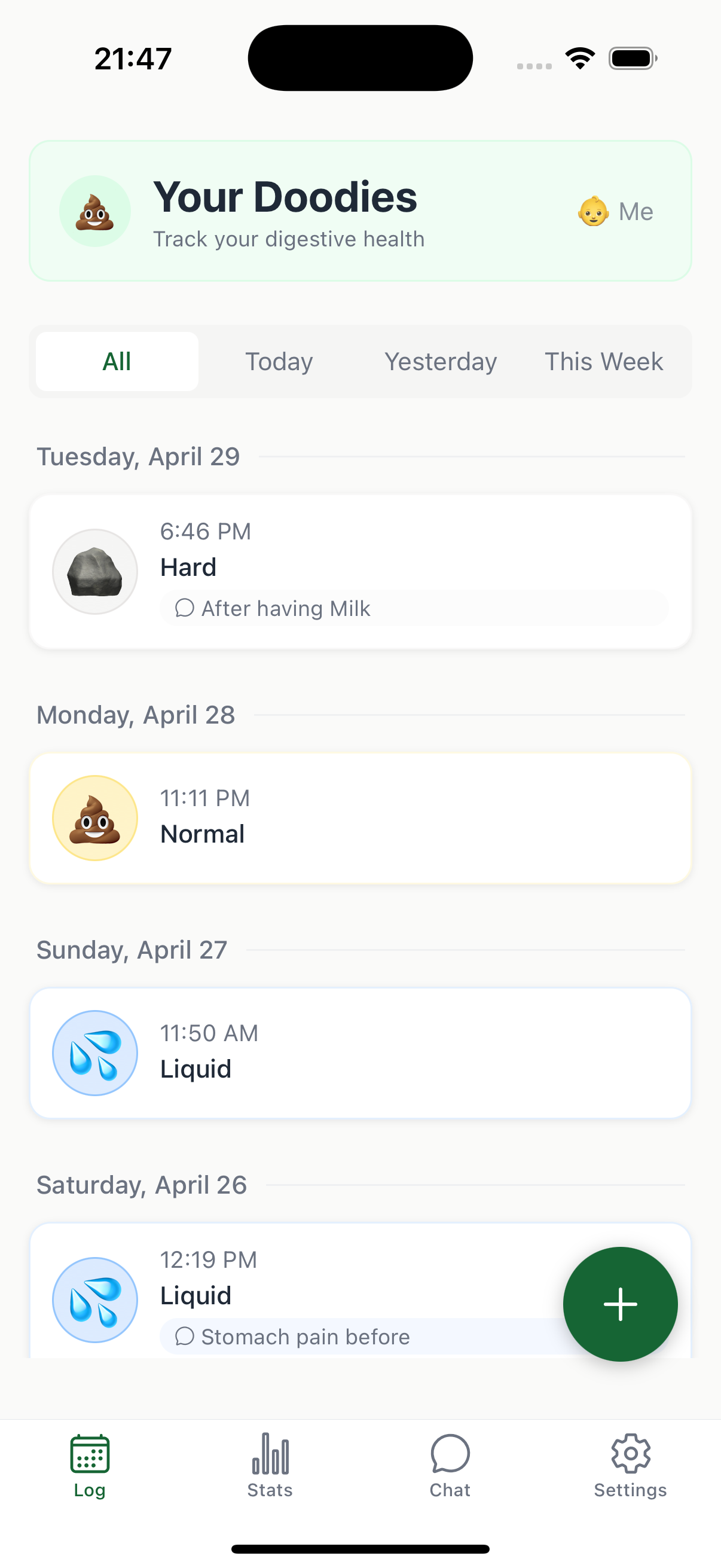 Doody app interface showing the dashboard with gut health tracking features
